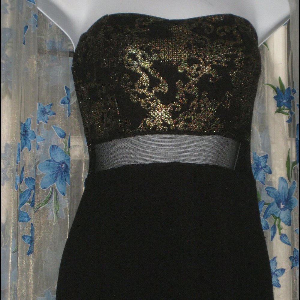 Unique Womens BLACK & MULTI GOLD MESH STRAPLESS Evening Dress by PAPAYA Sz S / M - Picture 3 of 5